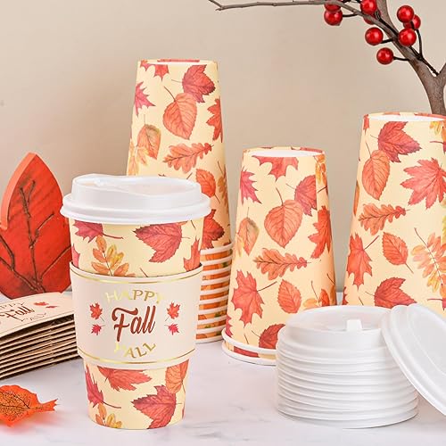 Miniatura 3 de Paquete de 48 tazas de café desechables de otoño de 16 onzas con tapas y fundas de hojas de arce para llevar, tazas de café de papel para cosecha,