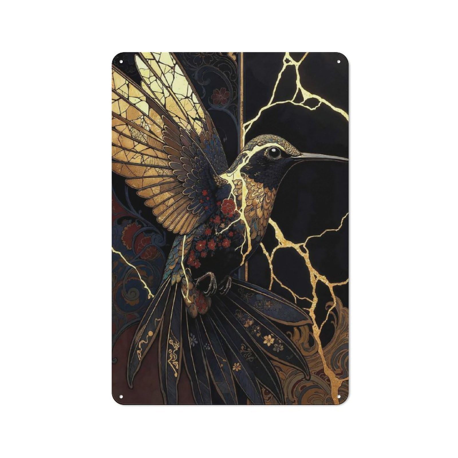 Kintsugi Hummingbird Vintage Tin Wall Plaque 30x20cm for Bar Or Restaurant, A New Home Present for Restaurant Interior Fans