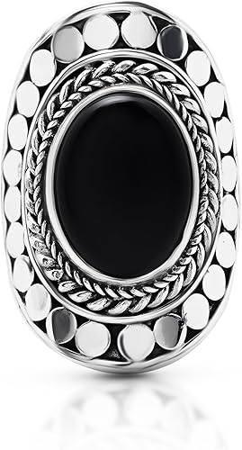Anillo vintage de ónix negro ovalado, plata de ley 925, joyería étnica bohemia chic hecha a mano, moda y elegante para mujeres, talla 6-10 de EE. UU