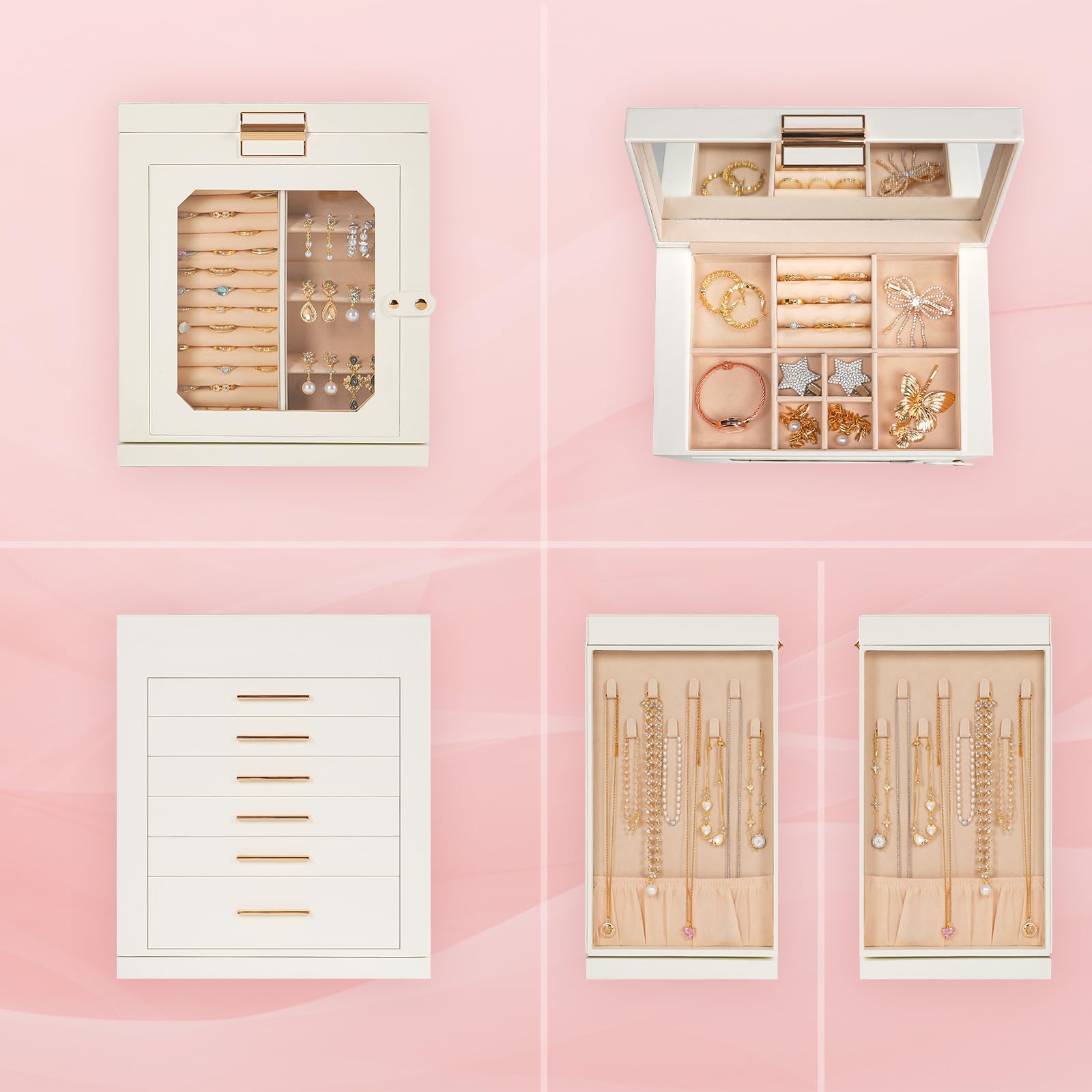HOOBRO Caja Joyero Giratorio 360°, Caja de Joyas, Organizador de Accesorios con 6 Cajones y Vitrina de Vidrio, Expositor para Collares, Anillos, Pendientes, Pulseras, Blanco y Dorado EWT16JB04