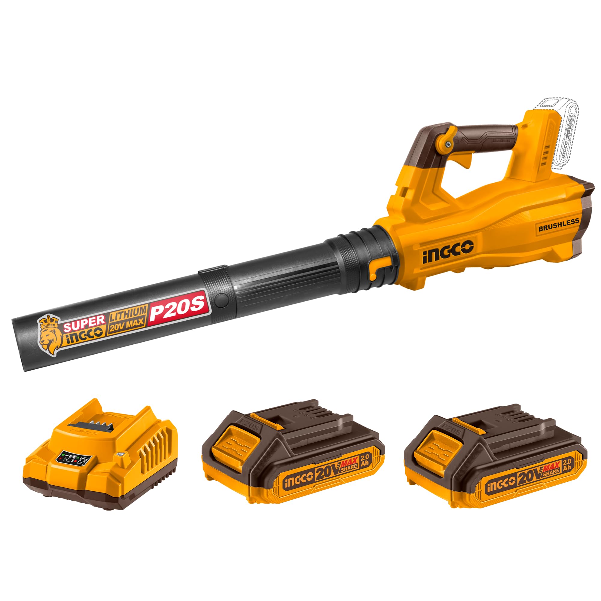 INGCO Cordless Leaf Blower, Brushless Motor, Variable Speed, with 2 pcs Battery Packs & Charger, for Car Cleaning, Gardening Work, Dirt Cleaning