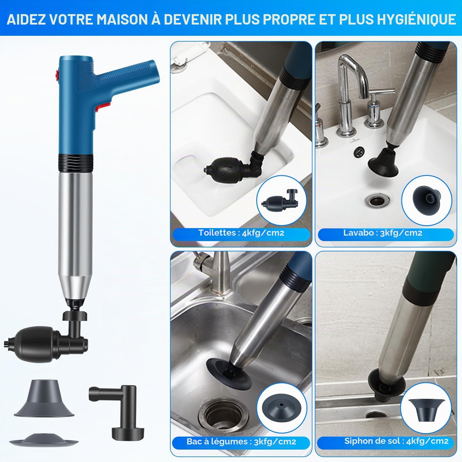 Électrique Déboucheur de Canalisations, Électrique Déboucheur à Ventouse, Air Comprimé Déboucheur de Furet pour Toilette, WC, Lavabo, Douche