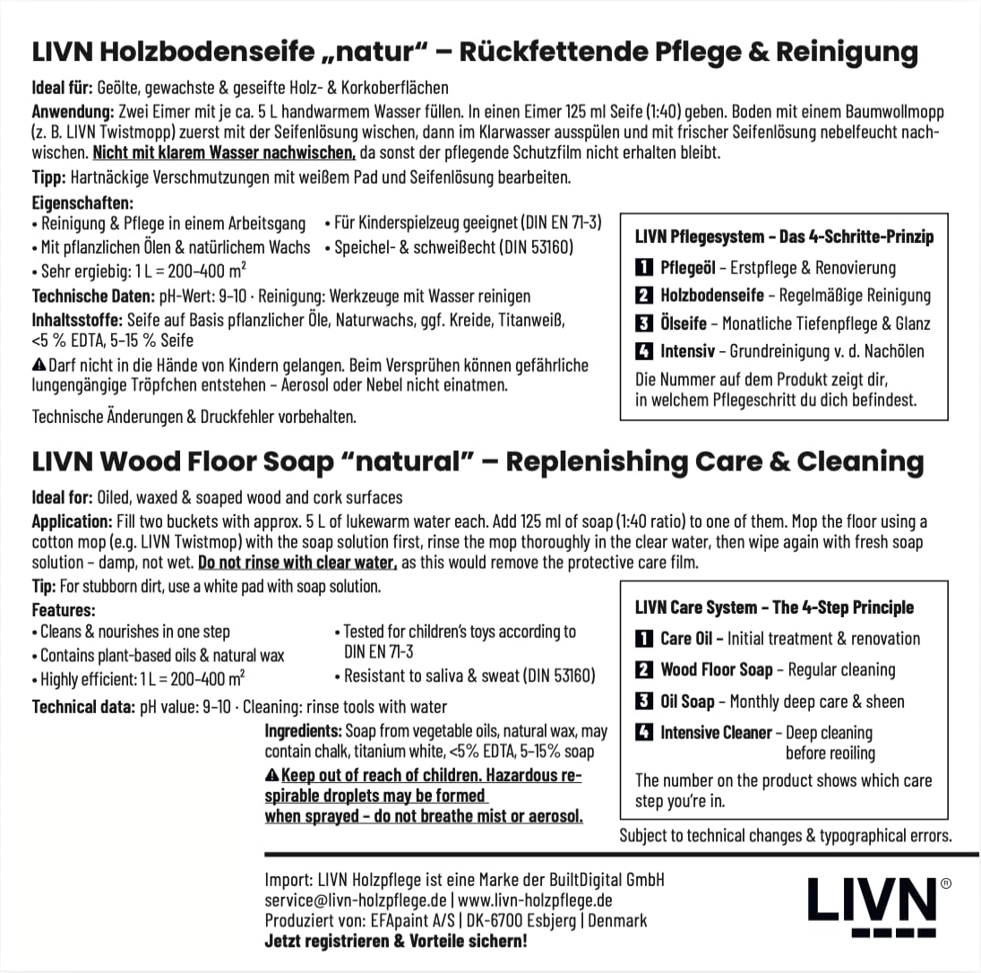 LIVN Holzbodenseife Natur 2,5L | Rückfettende Pflege & Reinigung, Für geölte Holz- & Korkböden, 200-400m² Ergiebigkeit, Made in Denmark