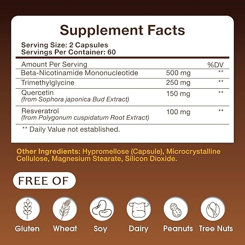 Miniatura 5 de Suplemento NMN 1000mg Pure Organic Alternativa NMNH, suplemento de resveratrol, suplemento NAD+, TMG y quercetina para apoyo celular 120 cápsulas