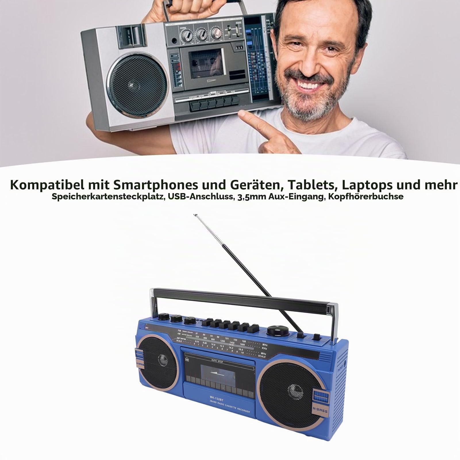 Kassetten Boombox, Retro Blueooth Boombox mit USB, SD und 3,5 Mm AUX Eingang, AM FM SW Kassettenspieler und Recorder (Blue)