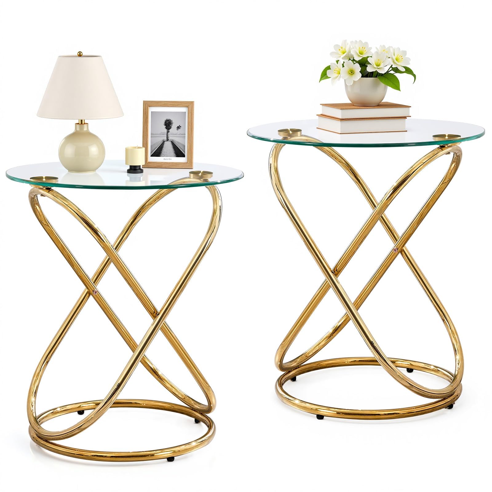 WOOW DEPOT 50CM Round Glass Side Table Set of 2 with Metal Ring Base for Living Room, Modern Round Glass Nightstand for Bedroom, Silver Small Side Table for Small Spaces