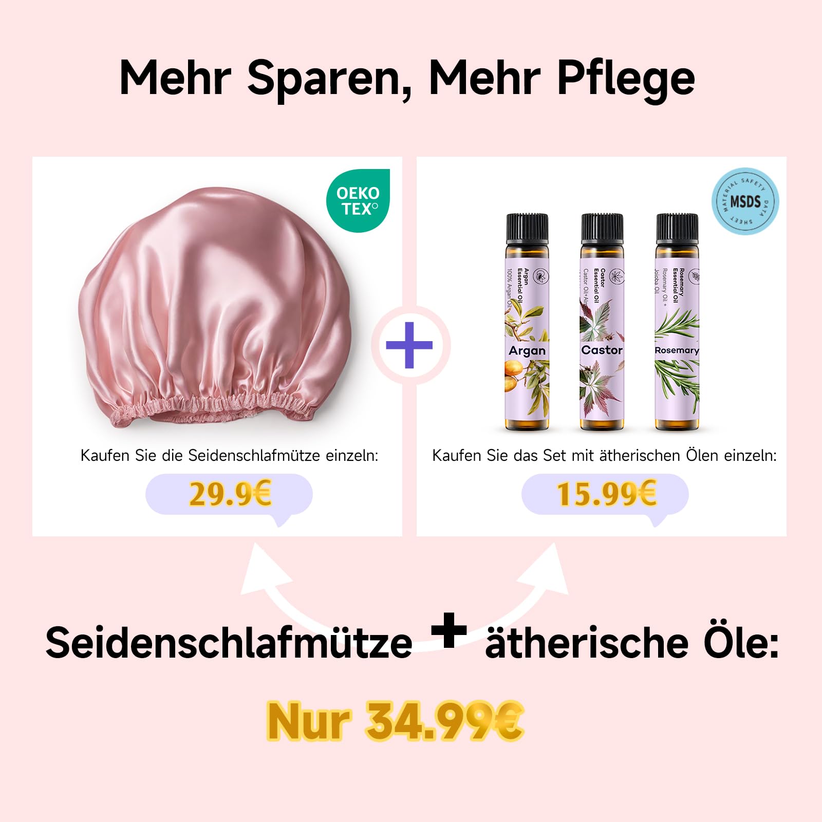 Umisleep 22 Momme Seidenhaube & Haaröl-Duo – Haarpflegeset: 100% Maulbeerseide zum Schlafen, atmungsaktiv, verstellbar mit Gummiband, 3 x 10 ml reines Haaröl (Rosmarin-, Rizinus- und Arganöl)