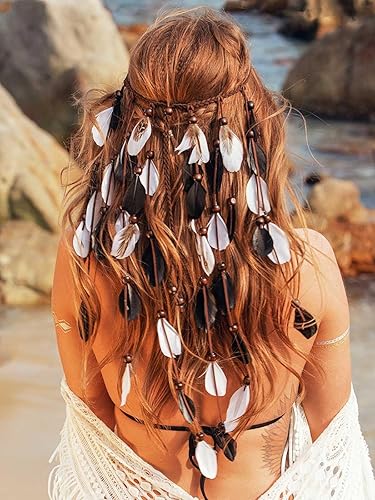 Miniatura 4 de GORTIN Diadema de plumas bohemias, diadema india hippie, tocado gitano blanco, trajes bohemios, accesorios para el cabello para mujer