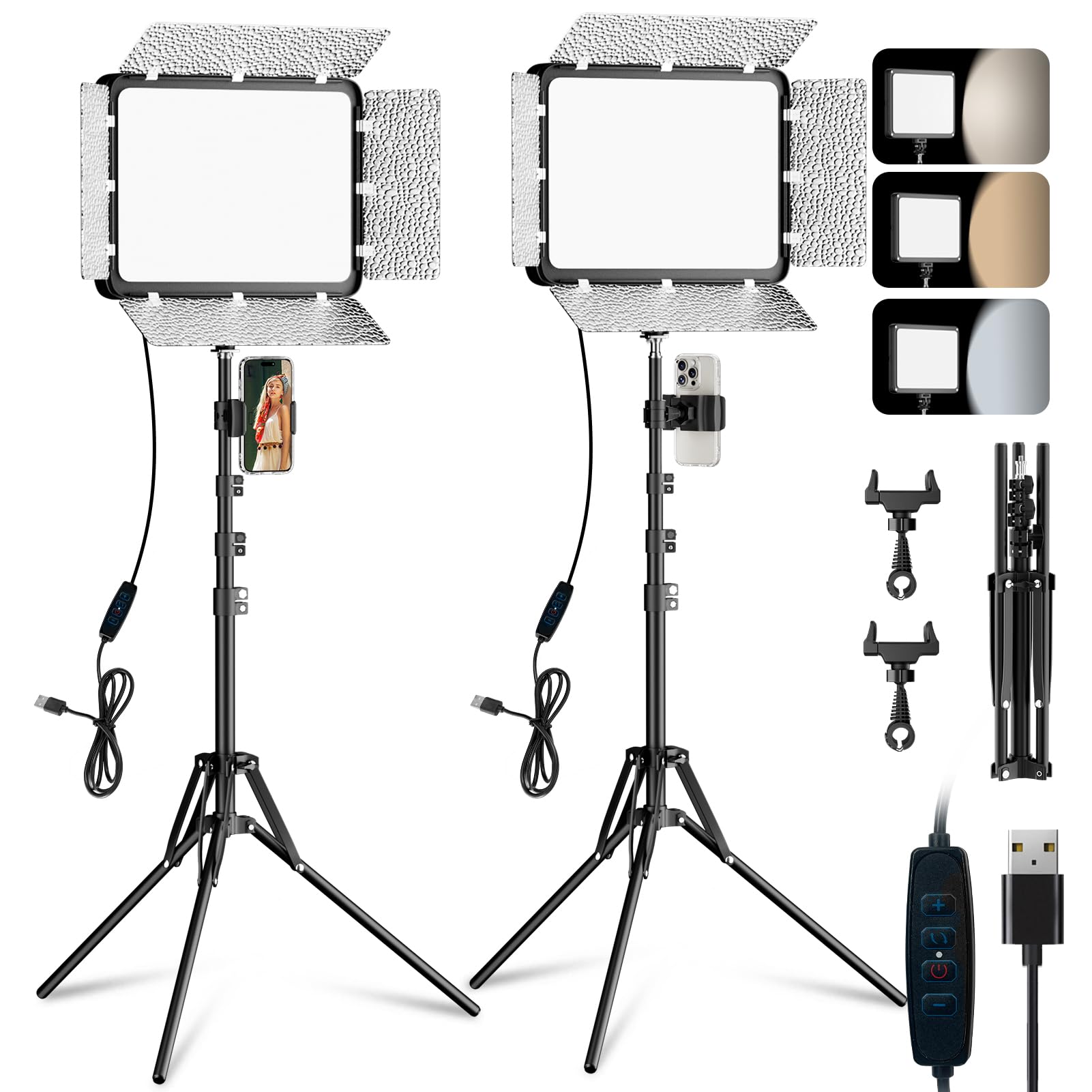 EMART 2-Pack 15W LED Video Light Kit with Phone Holder &amp; Barndoor