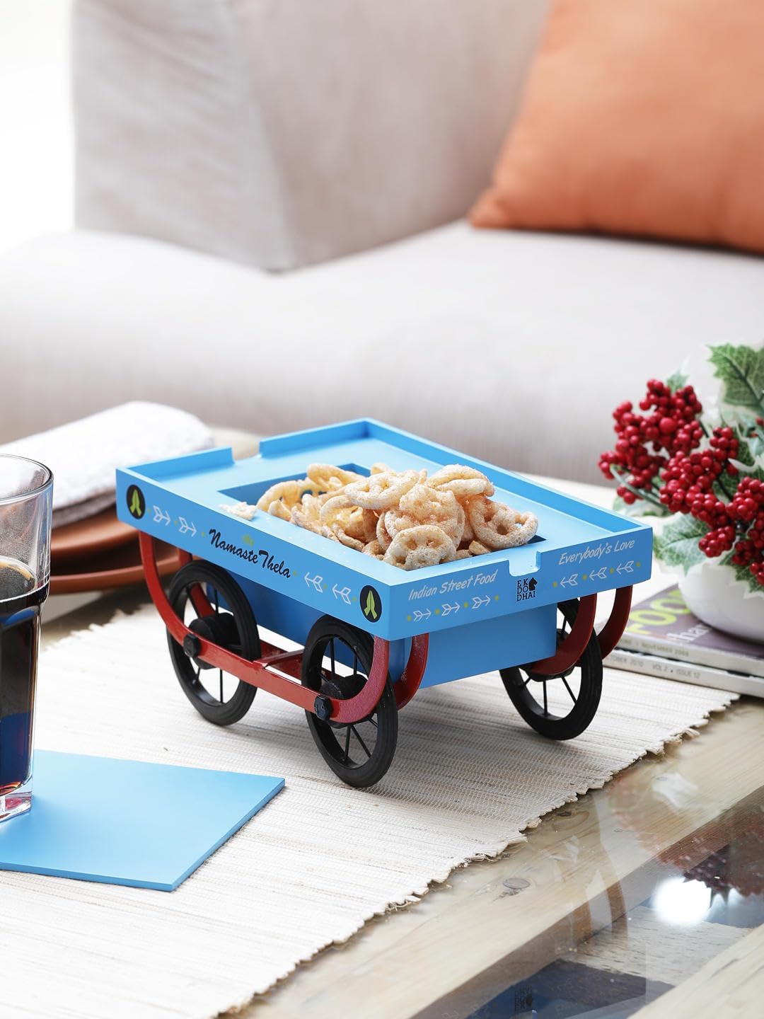 Ek Do Dhai Namaste Thela Wooden Cart Trolley | Platter Tray for Snacks & Appetizers | Best for Serving | Blue | Designer Multicolor | Pack of 1