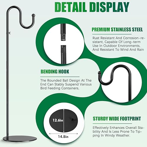 Miniatura 2 de Soporte para plantas colgantes de alta resistencia de 76 pulgadas, gancho de pastor ajustable para comedero de pájaros, acero inoxidable con base