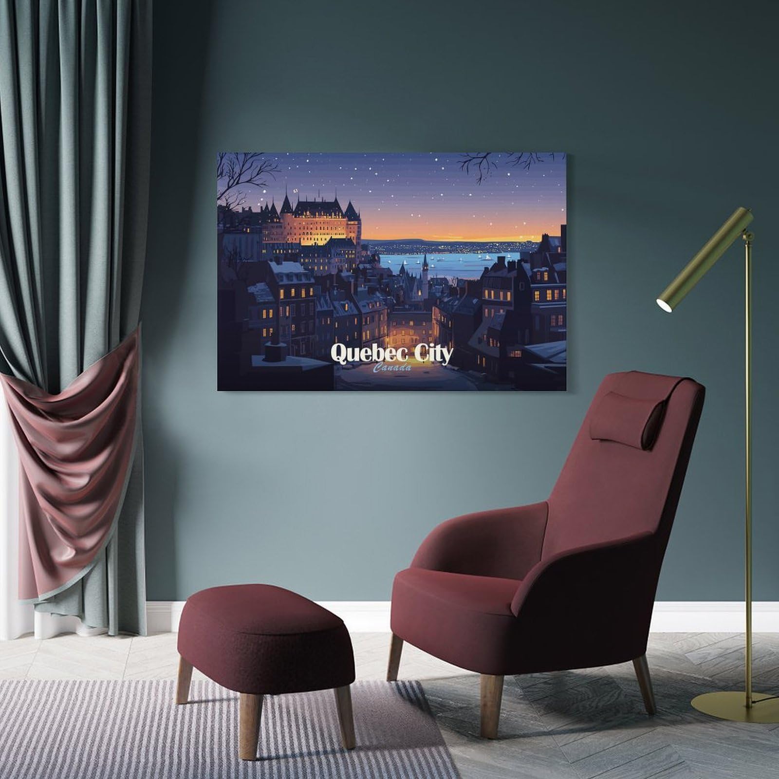 Junmoney Frame-Style-18 Quebec City At Night Illustration Canvas Wall Art, 12X18inch(30X45cm), For Living Room, Bedroom Or Apartment Walls, Decorative Artwork For Empty Walls