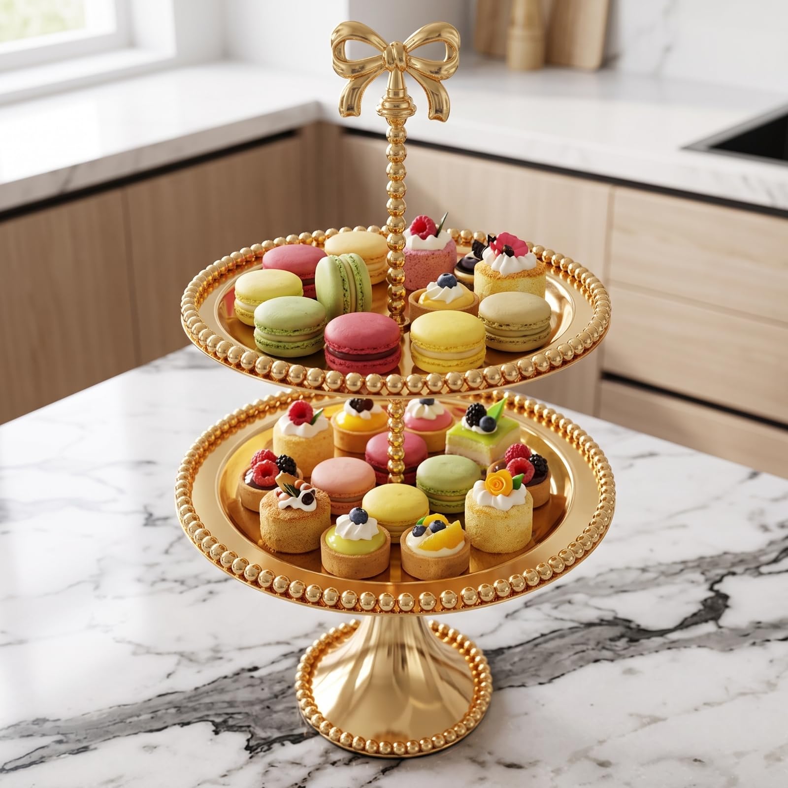 KESOTO Présentoir Gâteau Multi-niveaux Support Pâtisserie Plateau Rond Miroir Colonne Centrale et Base Évasée pour Stabilité Décoration Raffinée Adapté aux , Doré