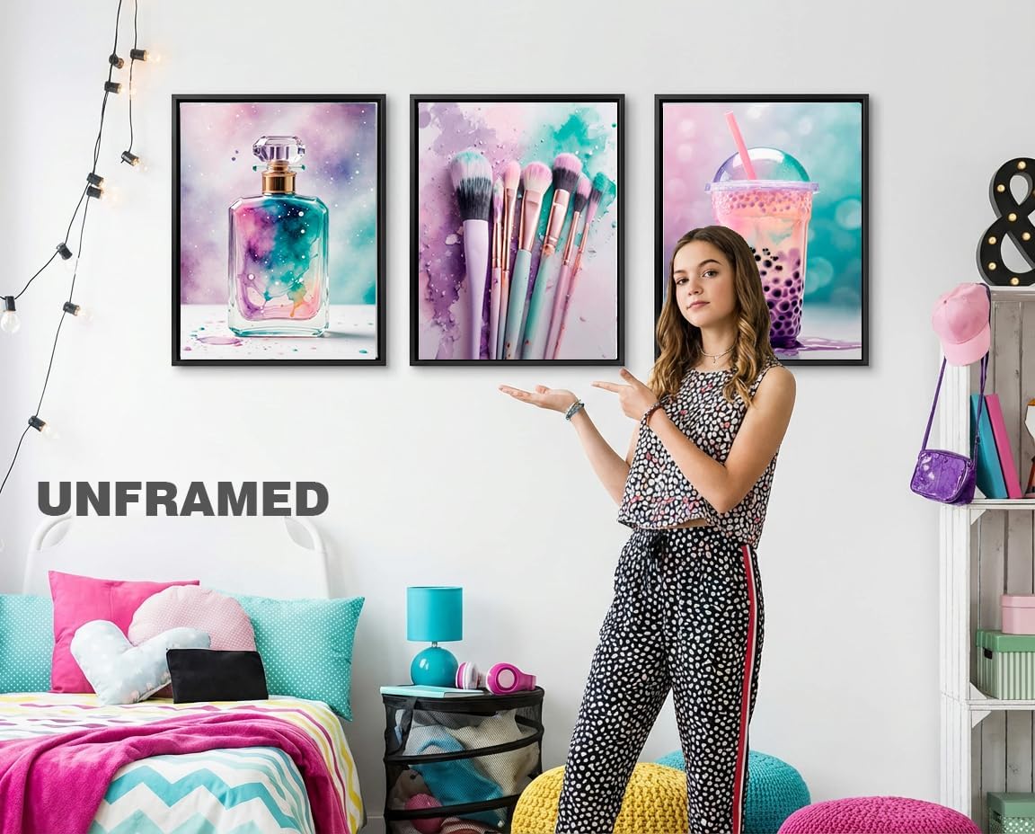 3Pcs Teen Girls Bedroom Wall Art Makeup Enthusiast Teenager Posters Painting Drinks Makeup Brushes Perfumes Prints Picture Pink Purple Teal splash Wall Decor Canvas for Teen Girls 16x24 inch Unframed
