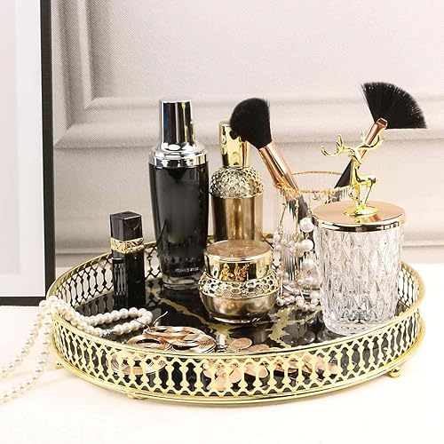 Miniatura 4 de Zosenley Bandeja decorativa de maquillaje, bandeja de tocador de cristal, almacenamiento redondo de cosméticos para joyas, maquillaje, perfume,