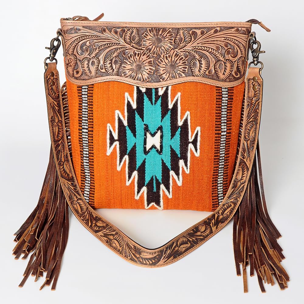 American Darling Signature Cross Body Bag Hand Tooled Floral Carved Leather Woven Saddle Blanket Fringes Genuine Leather