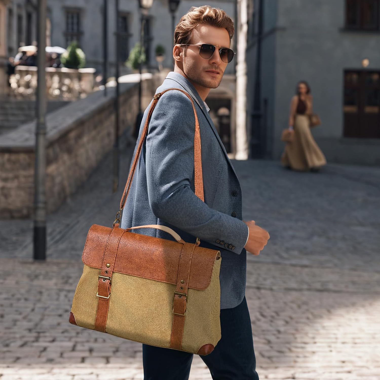 Green Messenger Shoulder Bag, Leather & Canvas Laptop Bag, Crossbody Briefcase, Computer Bags for Laptops