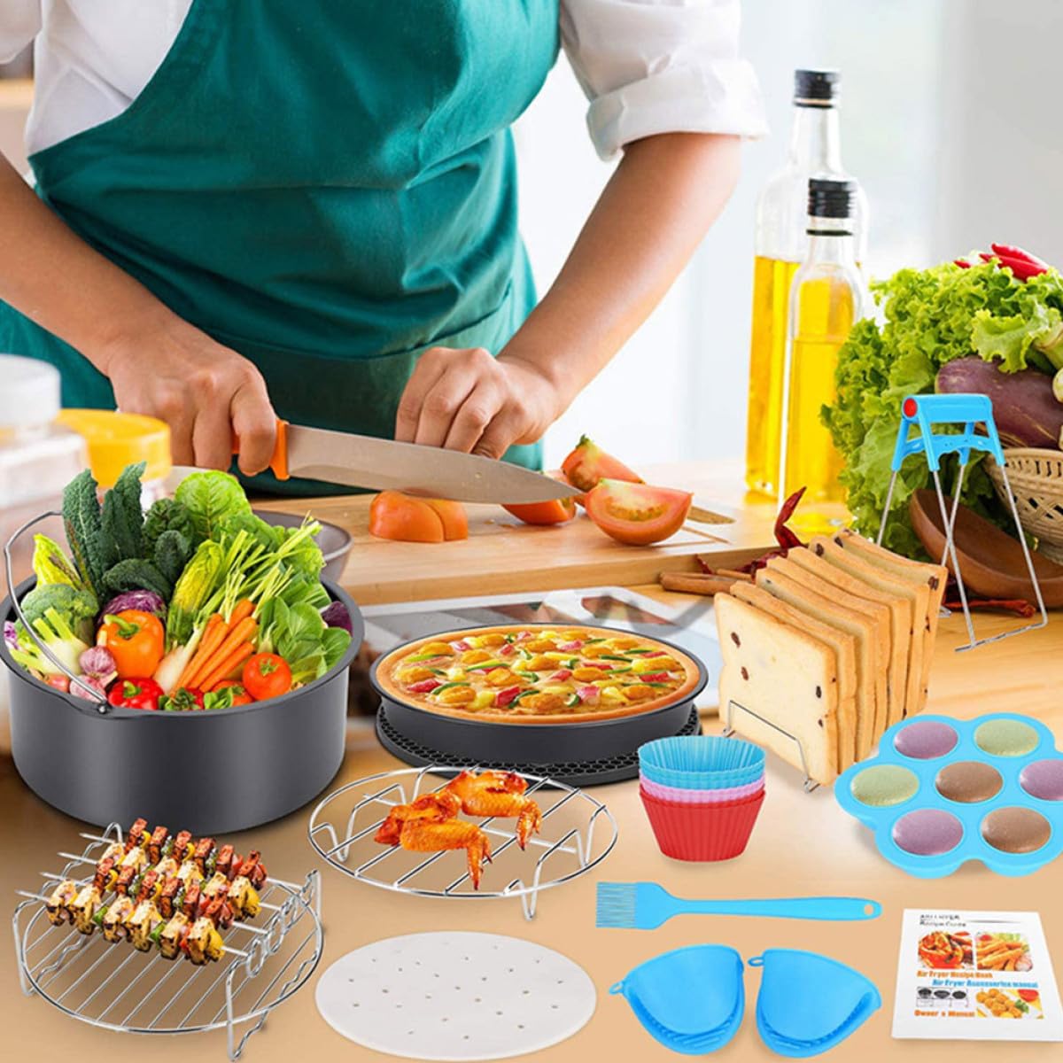 FRCOLOR 6 Stück Backutensilien aus Edelstahl für Heißluftfritteuse mit Pizzablech und Wabenmatte Gleichmäßige Hitzeverteilung für Küche und Grill