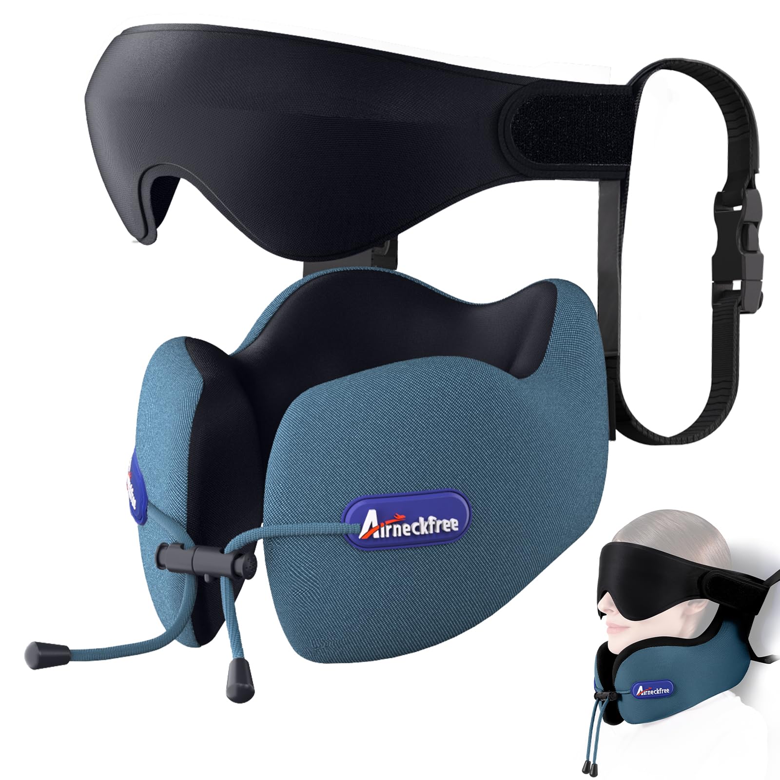 Almohada de Viaje para Cuello para Avión y Coche Neck Pillow | Con Correa de Asiento y Antifaz 3D, Soporte para Cabeza y Cuello, Espuma Viscoelástica Cómoda para Vuelos Largos, Azul Lago