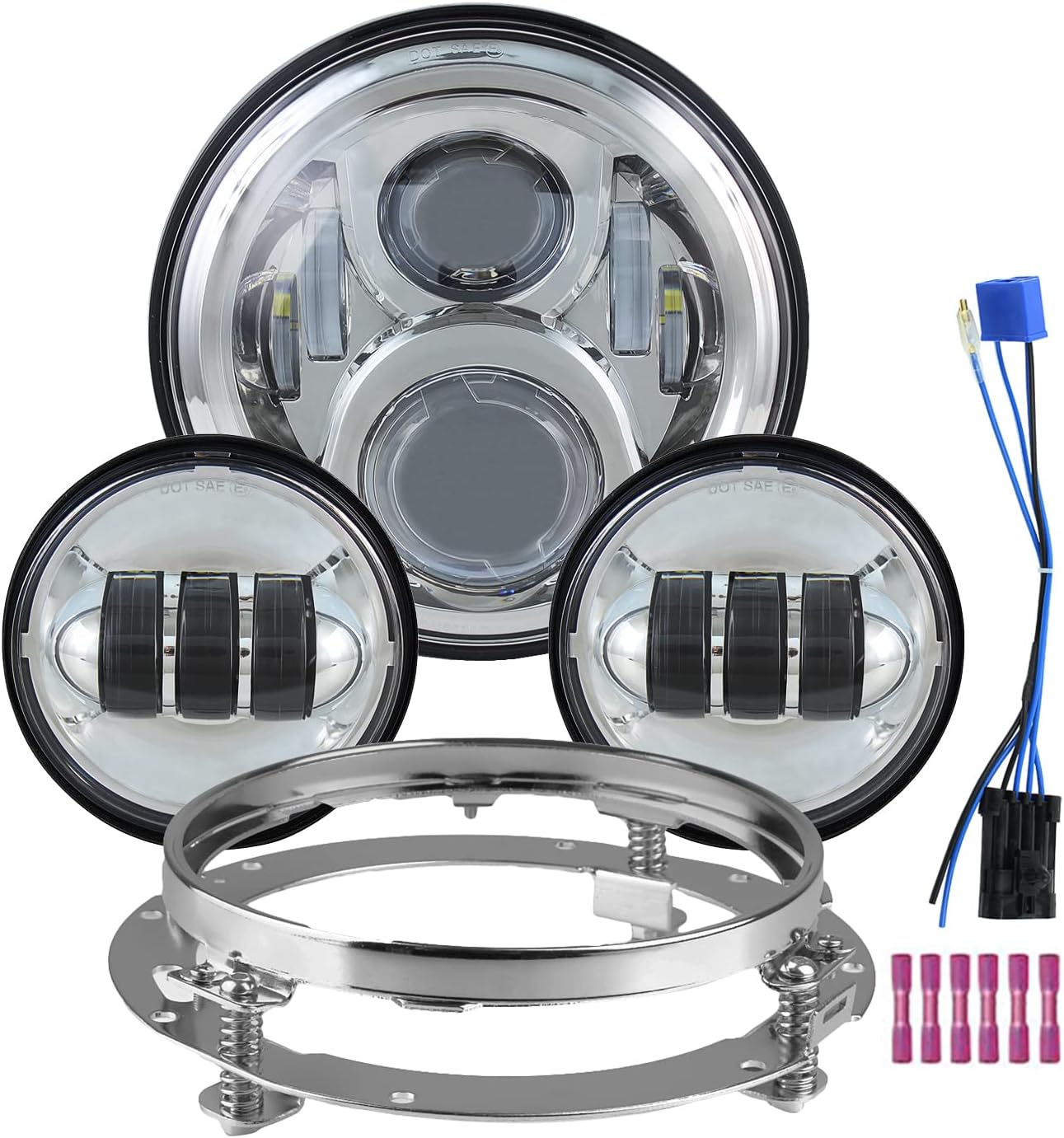 Atubeix 7" Round LED Headlight Bulb Kit + 2pcs 4.5" Fog Passing Lights and Mounting Ring Kit for Touring Road King Street Glide Fat Boy (Chrome)