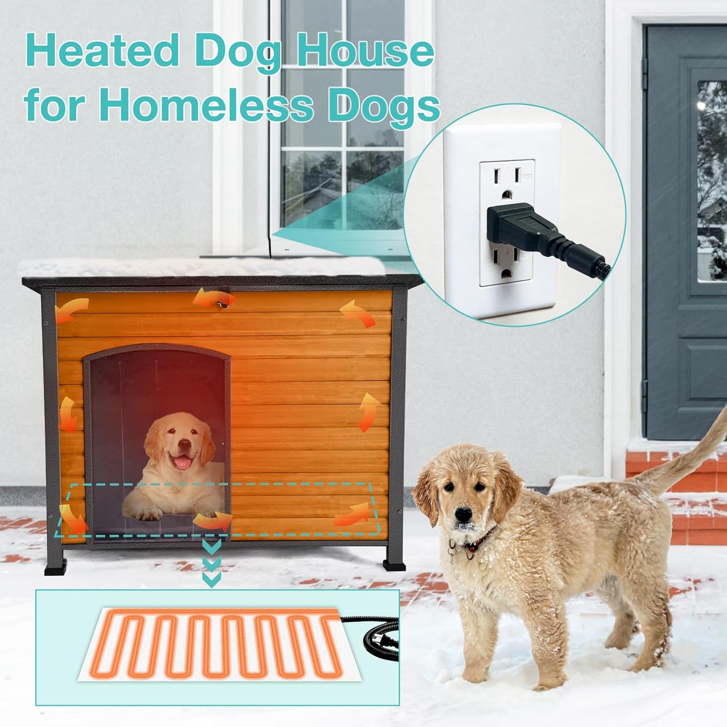 Suumerpety Feral Dog Heated House Outdoor,Anti Bite Iron Frame Dog Kennel,Wood Warm Pets Home,Insulated Weatherproof Outside Shelter for Feral Animal (43.3" (L) x 29.4" (W) x 33.4" (H)-Brown-in)