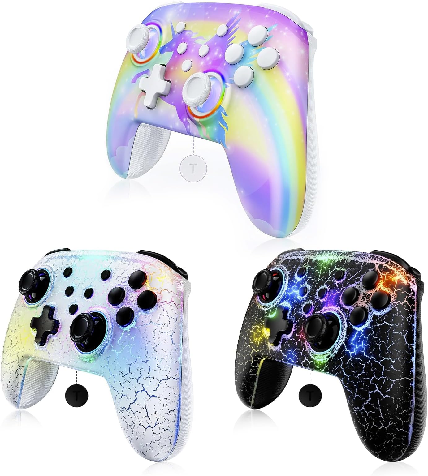 Switch Controller 3-Pack, Wireless Bluetooth Controller for Nintendo Switch 2 and Switch, with No Deadzone/Turbo/LED Light/Motion/Dual Vibration (Violet Unicorn/Atmosphere/Lightstorm)
