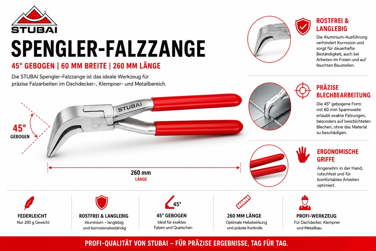 STUBAI szczypce składane do spenglera, lekko wygięte aluminium, szerokość szczęk 60 mm, długość 260 mm
