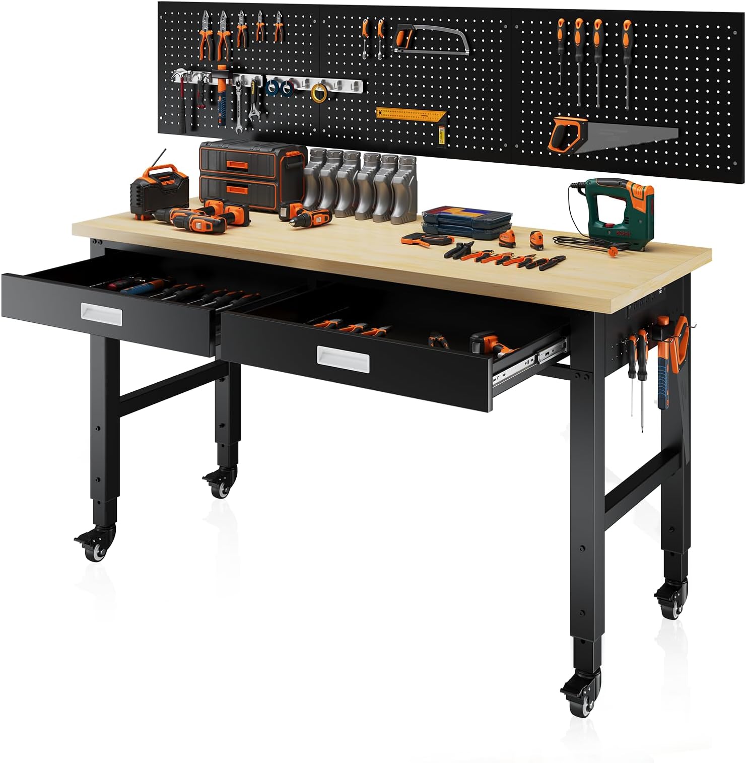 60" Heavy Duty Workbench with Power Outlets, Pegboard & Storage Drawers - 2000 LBS Capacity Rolling Work Table with Wheels, Hooks & Rack for Garage, Workshop, Office, Home