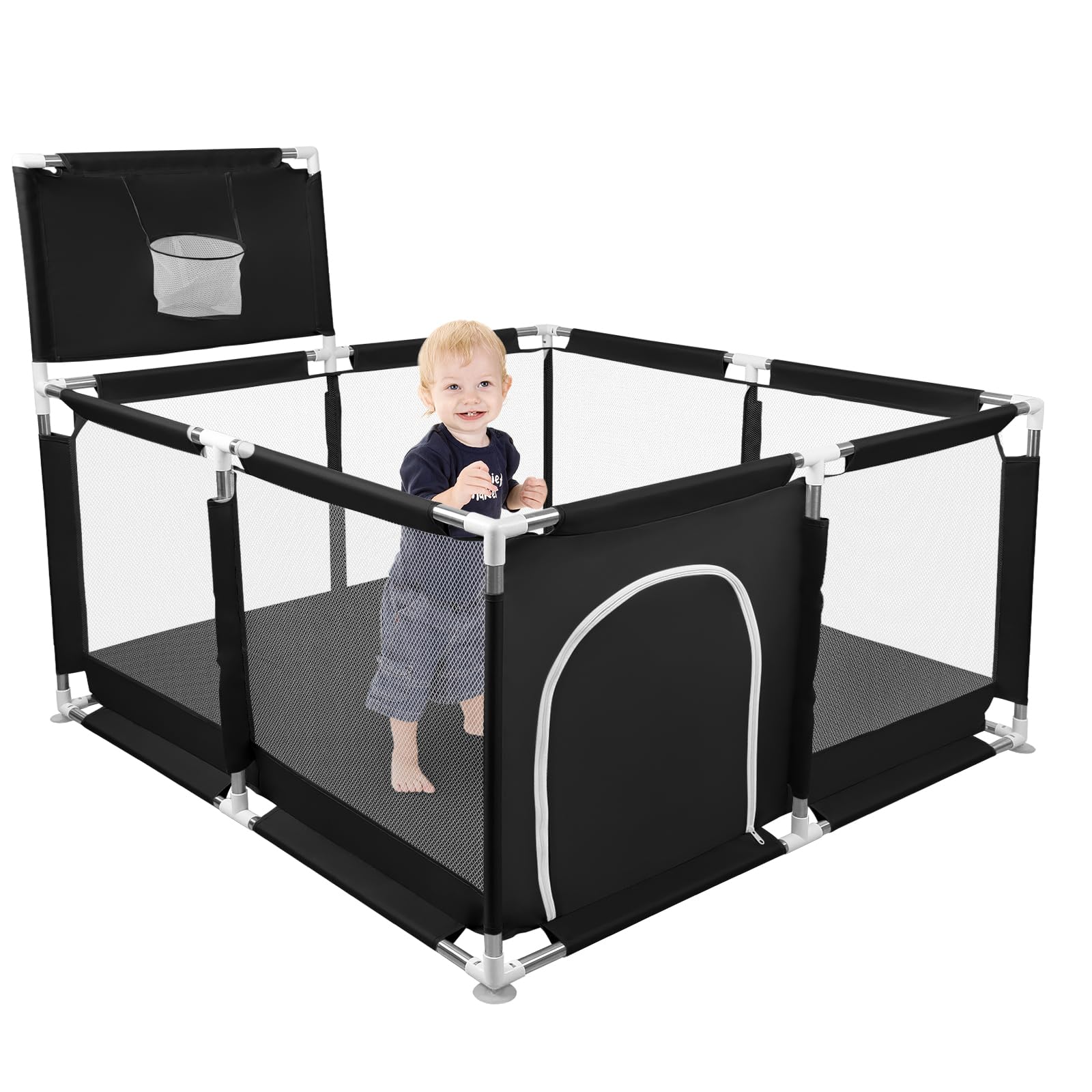 Parc Bébé en Tissu Oxford,d'Activité pour Enfants avec Base, Modulable, Pliable,Grand parc pour enfant en bas âge,50 Balles, Basketball Rack,Avec 4 Ventouses -126 x 126 x 66 cm - noir