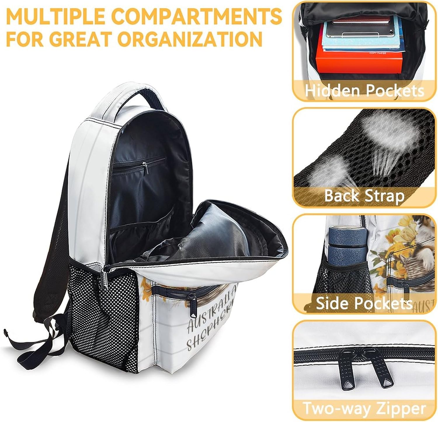 Australian Shepherd Backpack with Lunch Box Set for Girls Boys, 3 in 1 Dog School Backpacks Matching Combo, Cartoon White Bookbag and Pencil Case Bundle