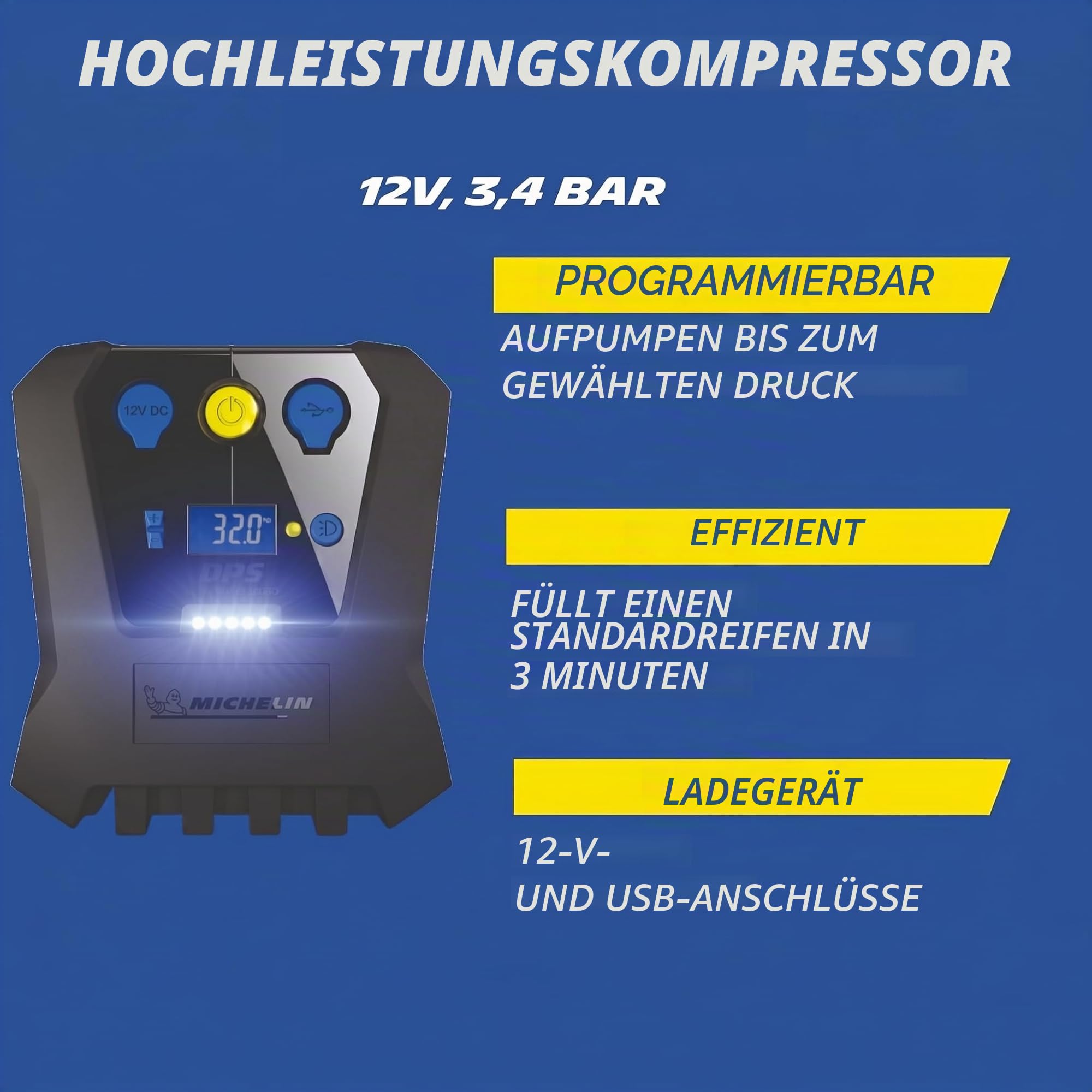 MICHELIN 12V Luftkompressor programmierbar digital Reifenpumpe Auto SUV Fahrrad Notfall Kompressor mit LED Anzeige präziser Reifendruck Schnellaufpumpen | Programmierbar digital Reifenpumpe Auto SUV Fahrrad Notfall Kompressor mit LED Anzeige präziser Reif