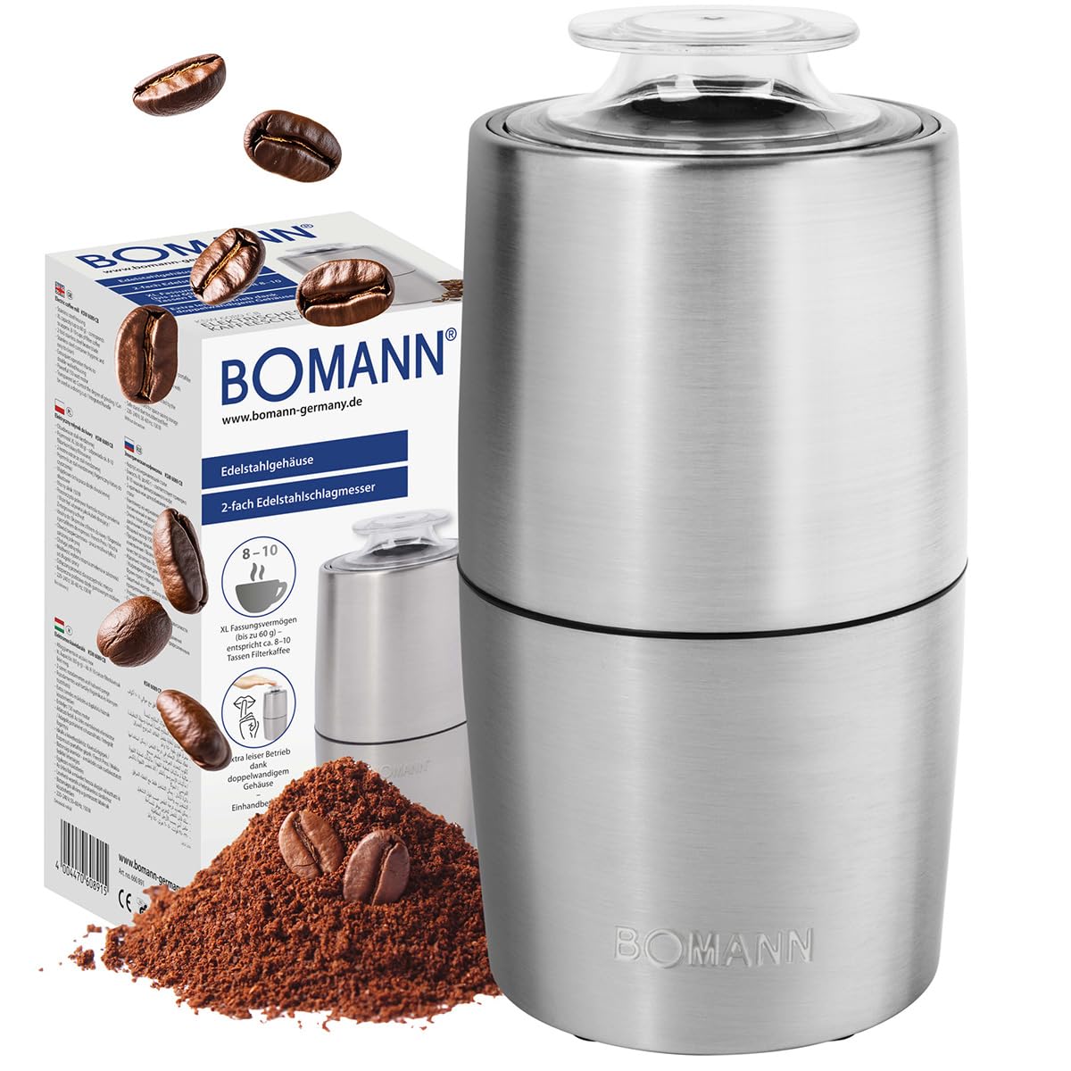 Młynek elektryczny do kawy Bomann®, do ziaren kawy 60 g, Regulacja stopnia zmielenia, 150 W, Ostrza ze stali nierdzewnej, Akcesorium do ekspresów do kawy espresso i mokka, Młynek do kawy KSW 6089 CB