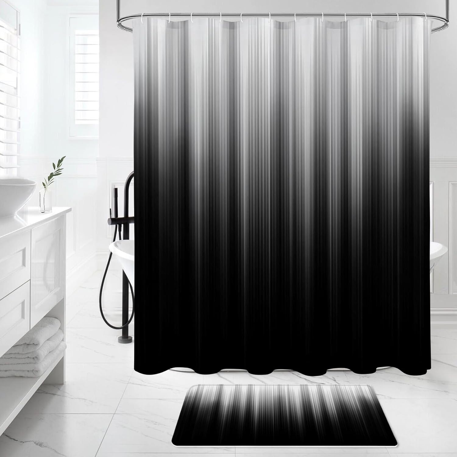 Litabel 4 Pcs Grey and Black Gradient Shower Curtain Set with Rugs and Toilet Lid Cover, Modern Simple Waterproof Fabric Bathroom Set, Ombre Stripe Gothic Abstract Bathroom Decor Set Accessories