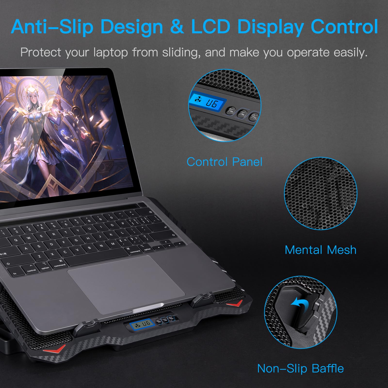 MATEPROX Refroidisseur PC Portable, Support Ventilé Ordinateur avec 6 Ventilateurs Silencieux, Réglage de 5 hauteurs, 2 Ports USB et lumière LED Bleue
