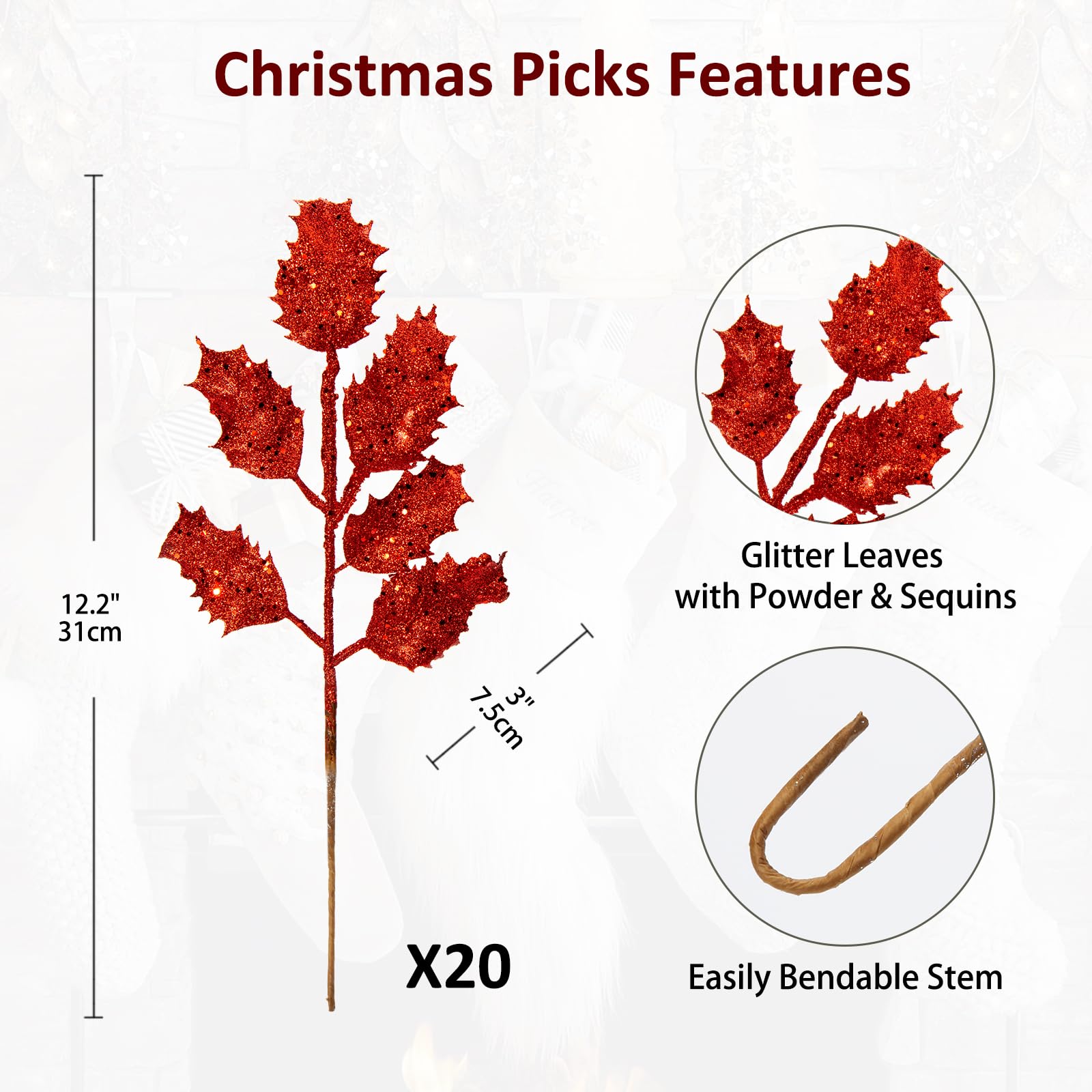 DILATATA 20 Pcs Christmas Glitter Holly Leaves 11" Red Artificial Glitter Leaf Spray Christmas Tree Picks for Xmas Wreath DIY Garland Home Decor - Red