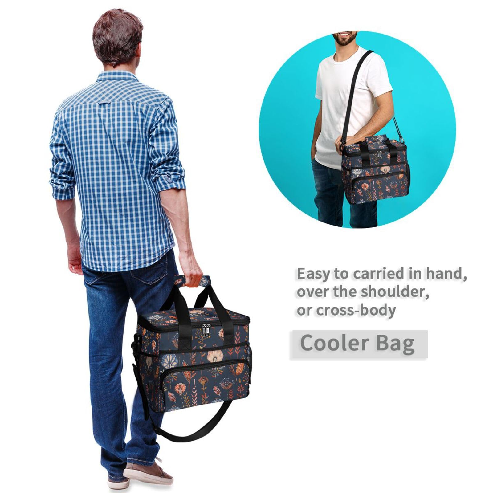 Bolsa térmica grande con diseño de cachemira y plumas bohemias con aislamiento térmico para picnic, 15 L, 24 latas, impermeable, para adultos, hombres y mujeres