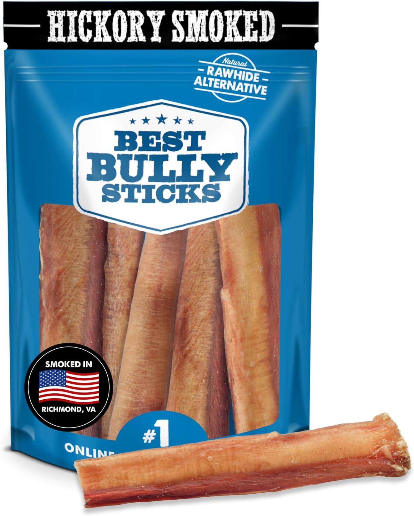 Hickory Smoked Thick 6 Inch Bully Sticks - 5 Count (Pack of 1) - Natural, Grain and Odor-Free, Smoky Aroma, No Additives, Grass-Fed