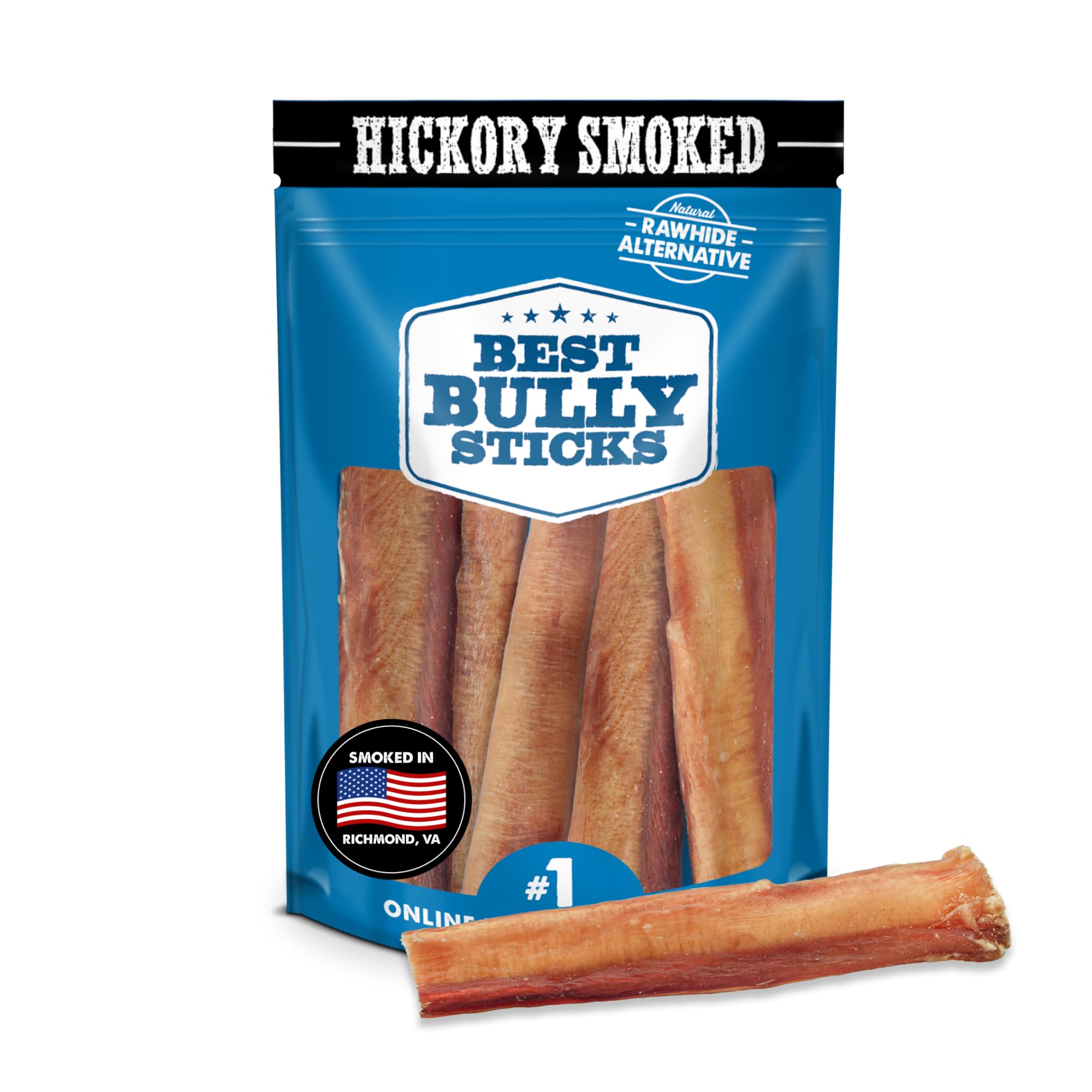 Hickory Smoked Thick 6 Inch Bully Sticks - 5 Count (Pack of 1) - Natural, Grain and Odor-Free, Smoky Aroma, No Additives, Grass-Fed
