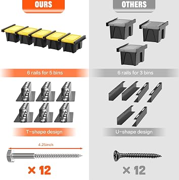 TORACK Garage 16 Studs Ceiling Storage Rack, Overhead Tote Storage Rail System Heavy Duty Adjustable Tote Slide for 5 Bins