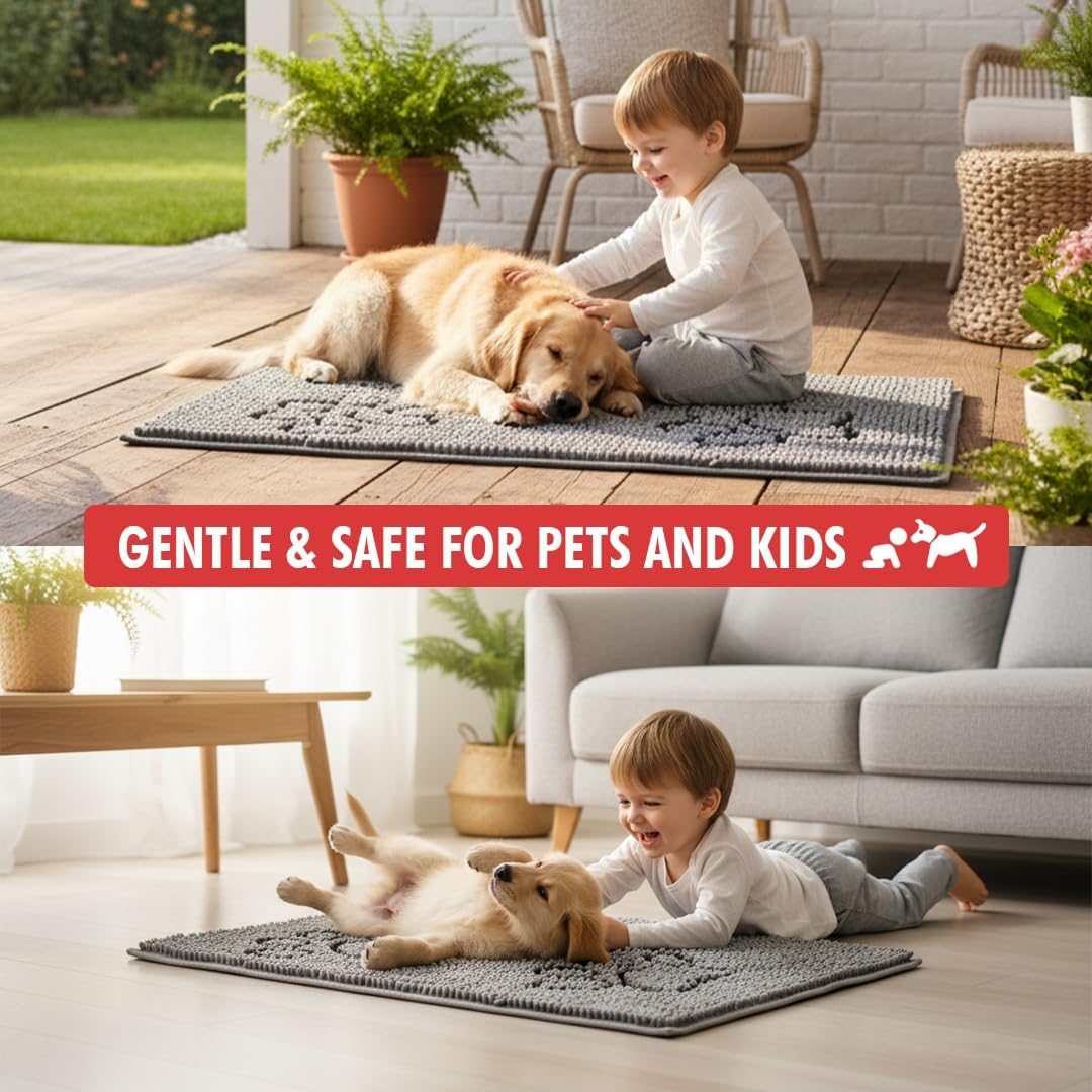 MUDGUARD MAT® Dog Door Mat with Two-Paws Motif Design, Super Absorbent Microfiber Chenille, Non-Slip Quick-Dry Indoor Rug for Muddy Paws, Pets & Entryway, Machine Washable, Grey 19"x30"