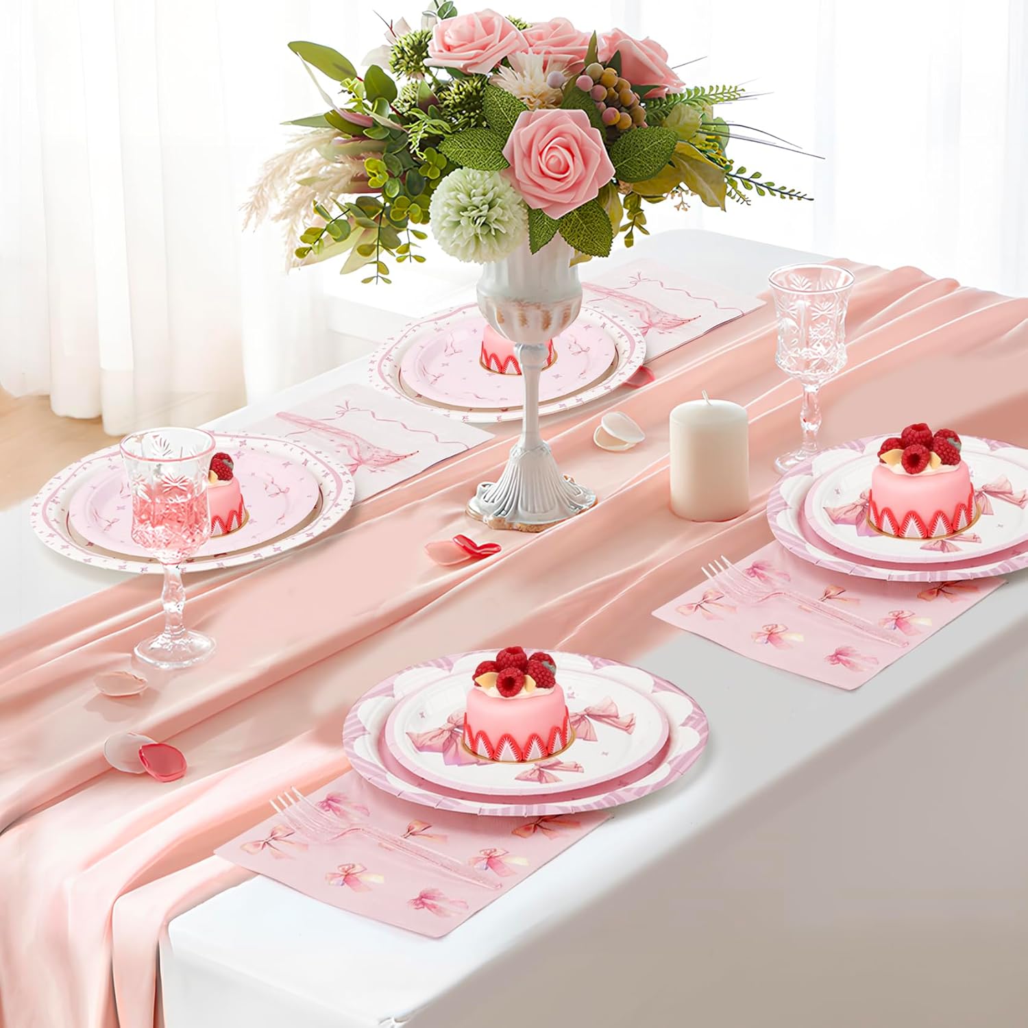200 Pcs Pink Bow Paper Plates and Napkins,Conquette Birthday Supplies - Plates,Napkins and Forks Tableware for Girls Bachelorette-Serve 50 - Image 6