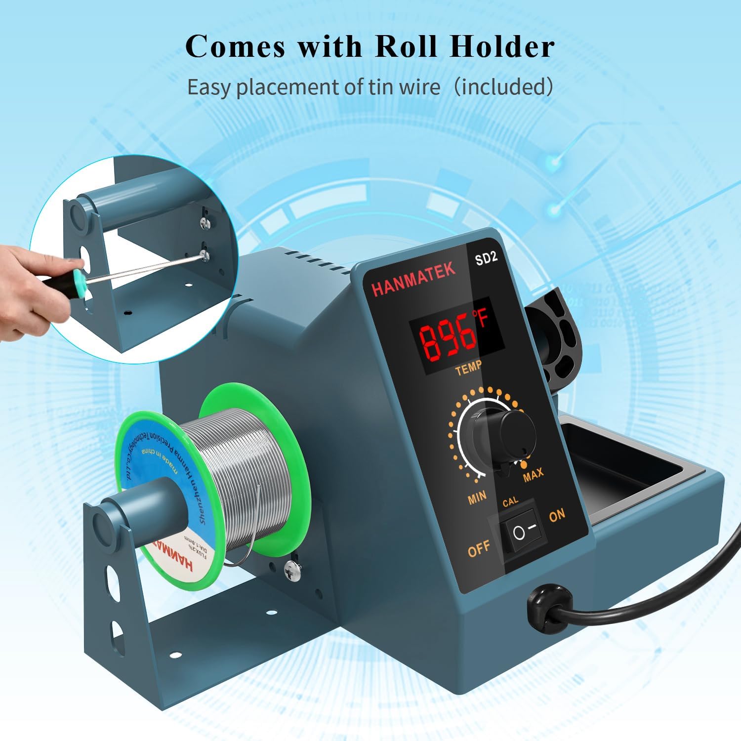 Hand installing solder wire onto the tin holder of the soldering station