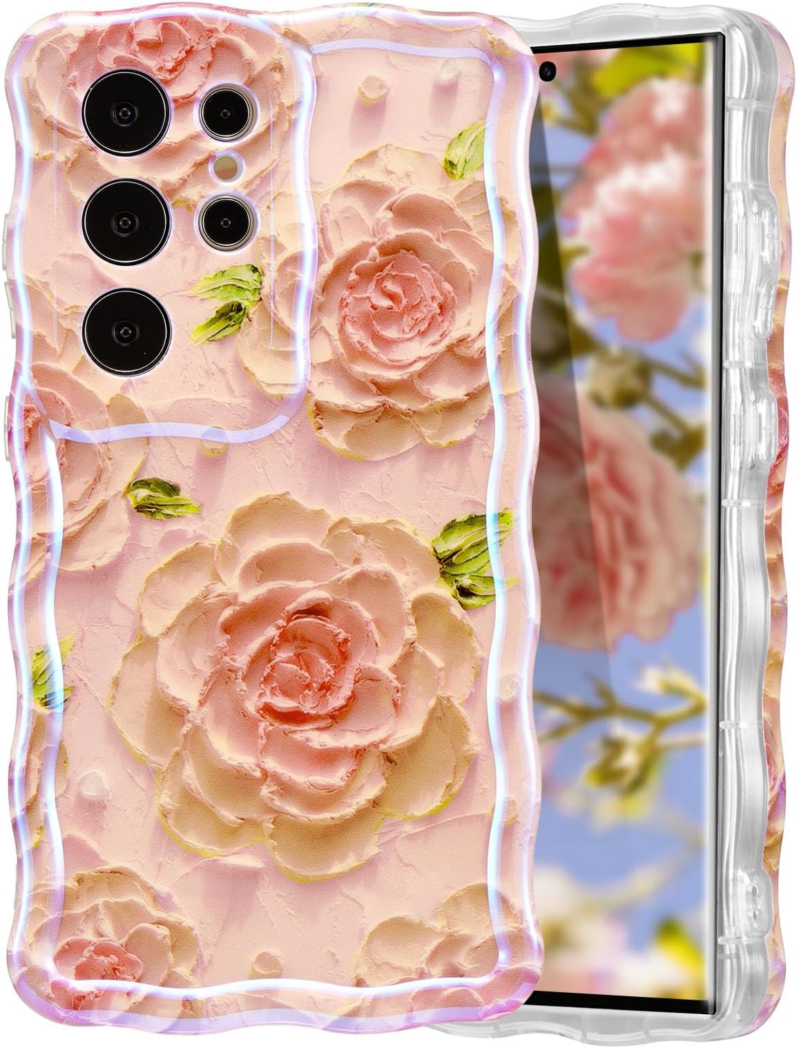 EYZUTAK Case for Samsung Galaxy S24 Ultra, Colorful Retro Oil Painting Flower Laser Pattern Cute Curly Wave Edge Exquisite Phone Cover Stylish Durable TPU Protective Case for Girls Women - Pink Orange
