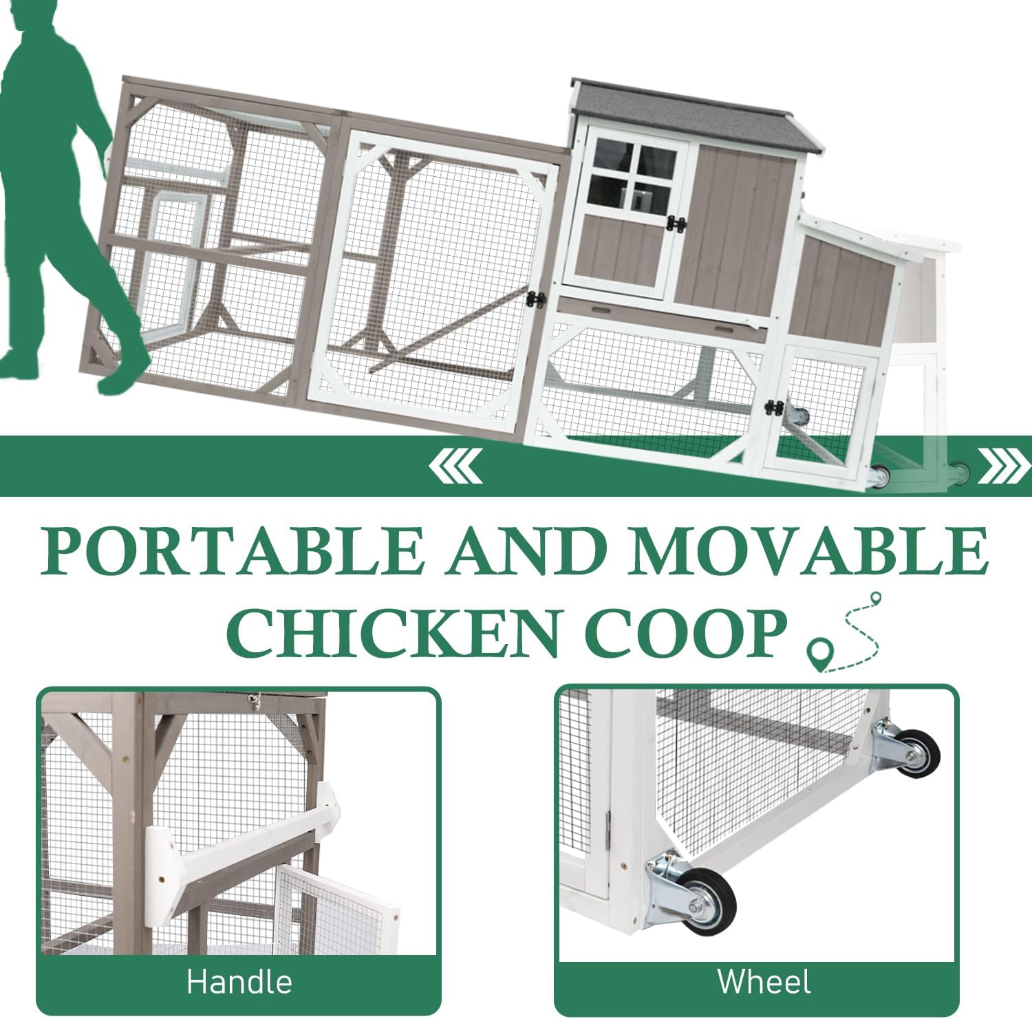 95.3" L Large Chicken Coop with Run, Chicken Tractor Hen House with 3 Nesting Boxes, Wheels, Portable Outdoor Quail Hutch Poultry Cage for 2-4 Chickens with 6 Access, Removable Tray, Ramp