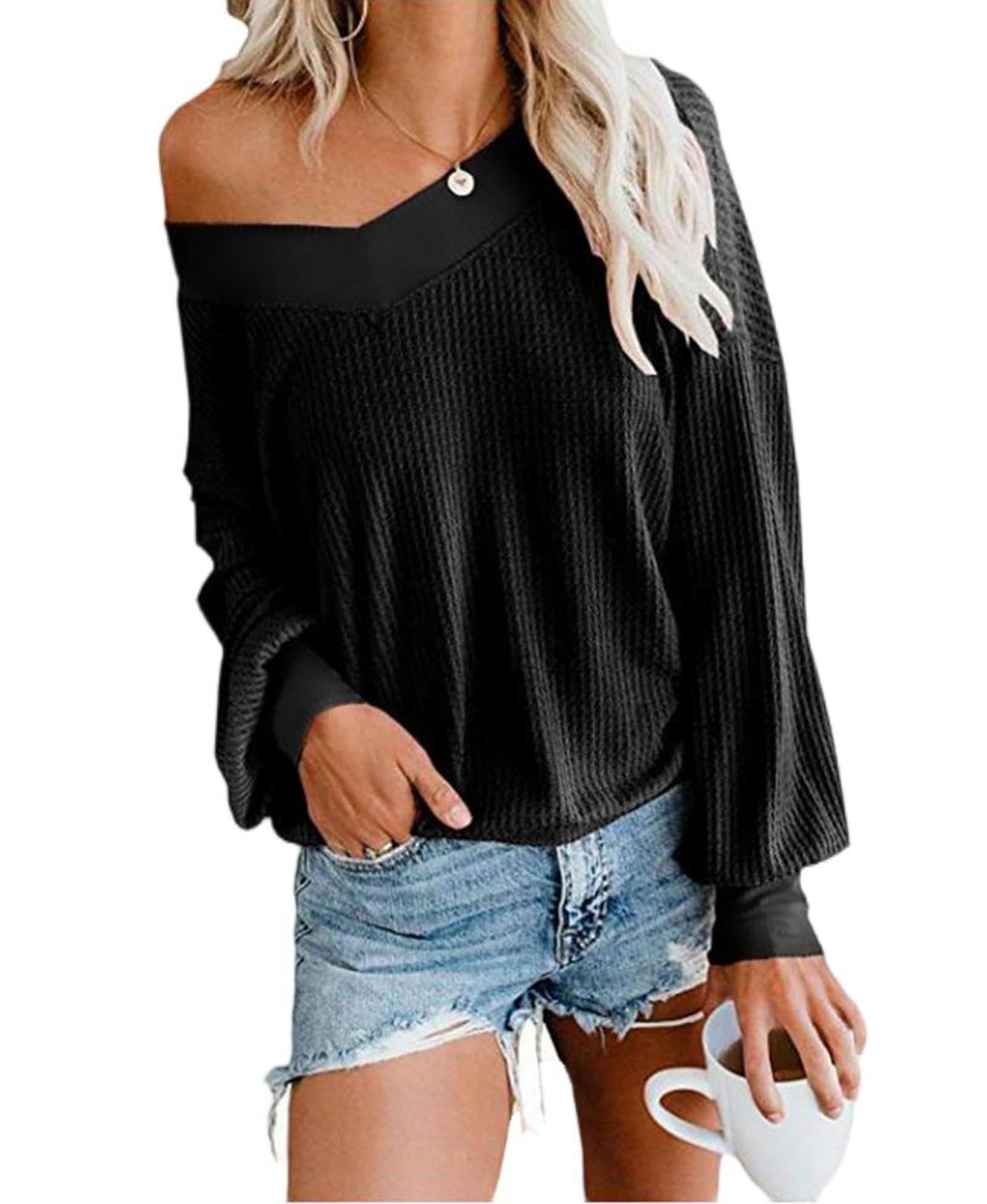 T-Shirt d'hiver col en V manches longues femme noir idéal pour le quotidien