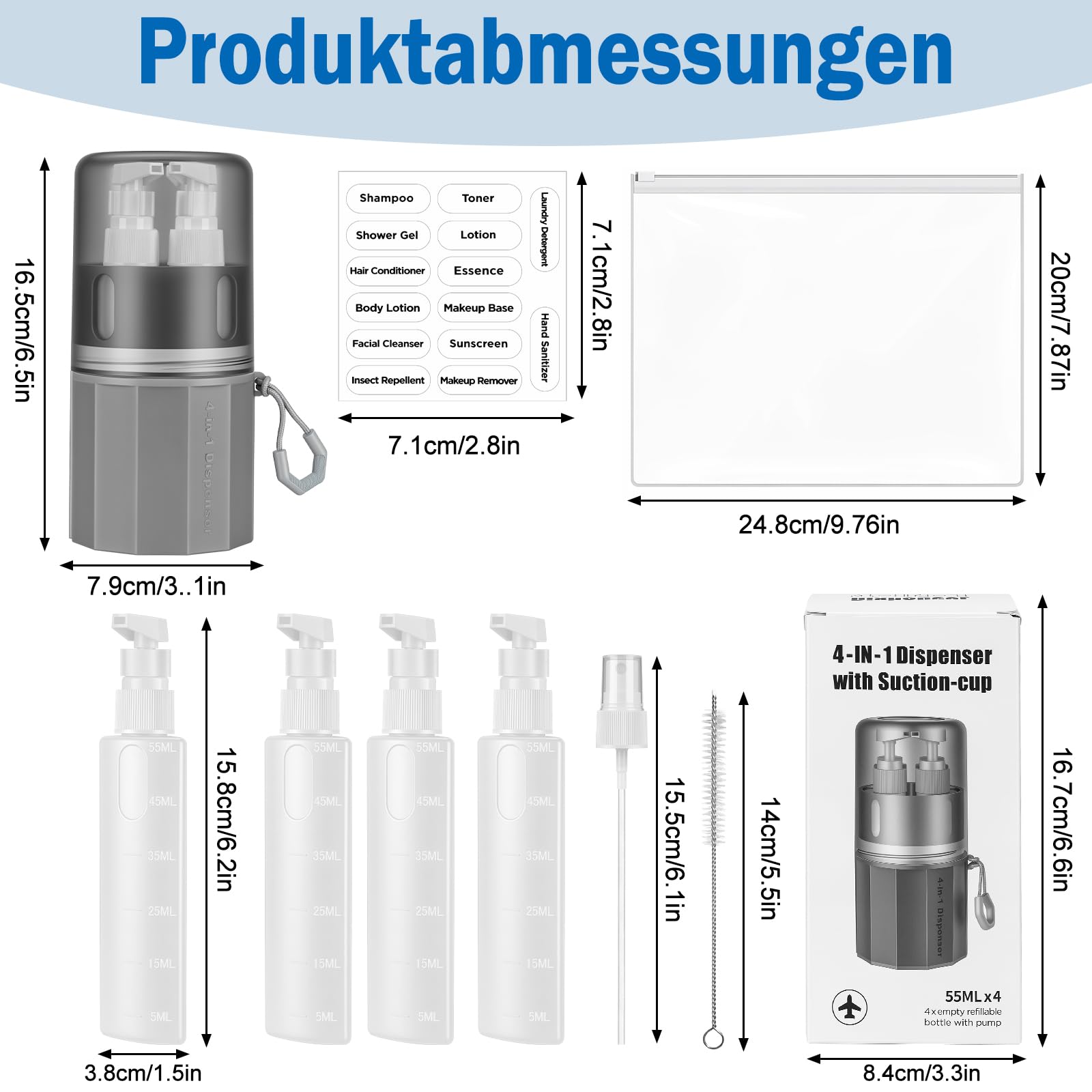 SelfTek Flacon Distributeur de Voyage 4 en 1 - Kit Voyage Produit Toilette Rechargeables, Conteneurs de Voyage Portables pour Articles de Toilette, Portable pour Les Vols (Gris)