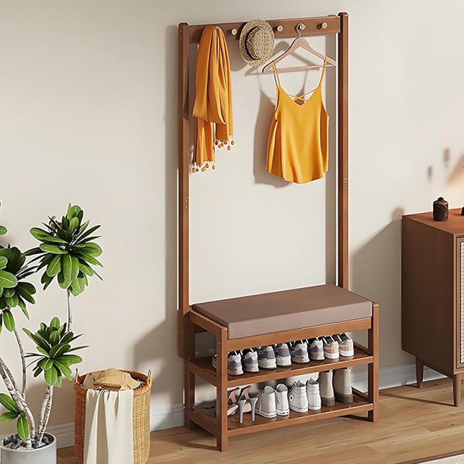 GHFXSCV 3-in-1 Hall Tree with Bench & Shoe Sto, Freestanding Entryway nizer with Soft Cush, Hallway Fur for Mudroom (Brown, 72x30x172cm)