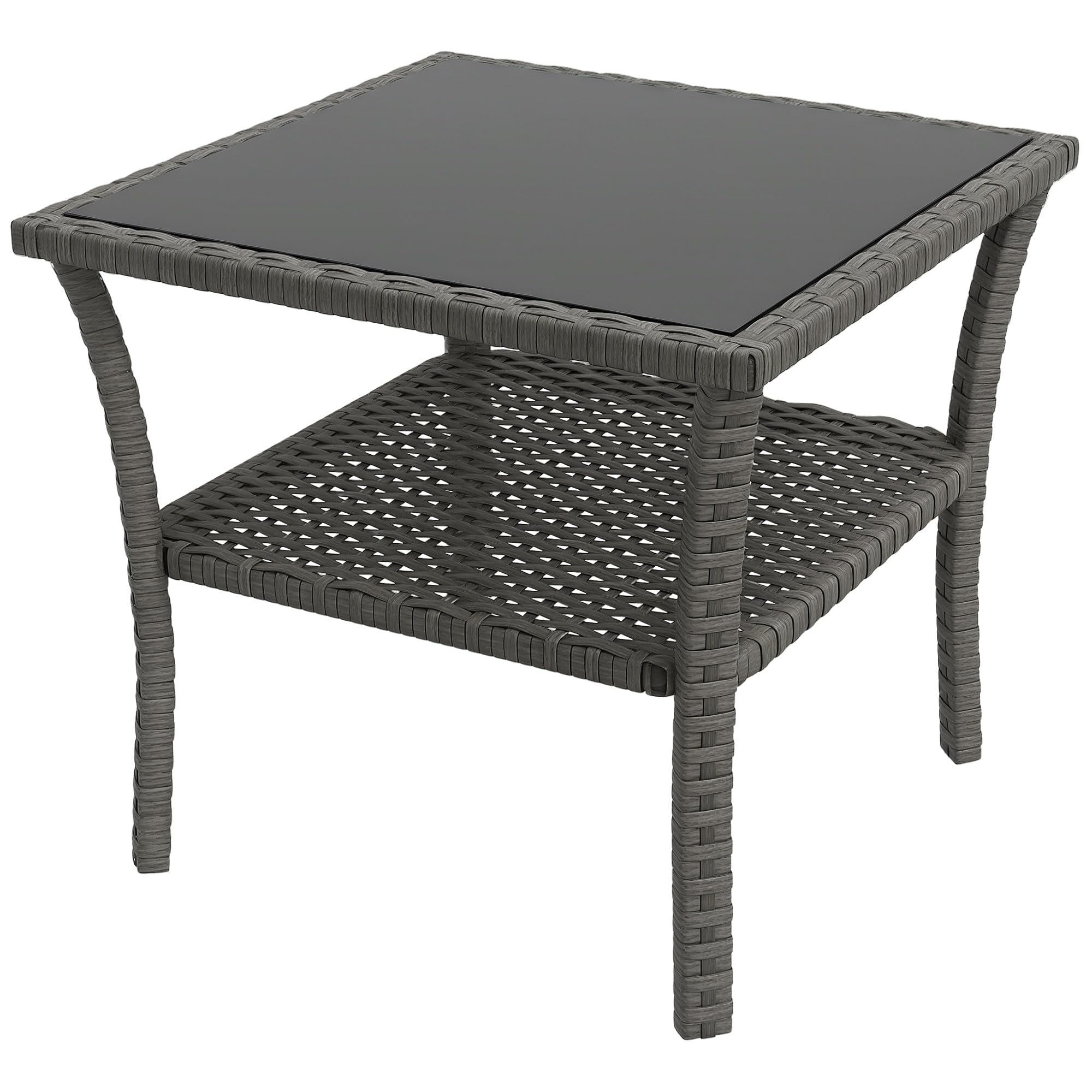 Outsunny 50cm Outdoor PE Rattan Coffee Table, Patio Wicker Two-tier Side Table with Glass Top, for Patio, Garden, Balcony, Grey
