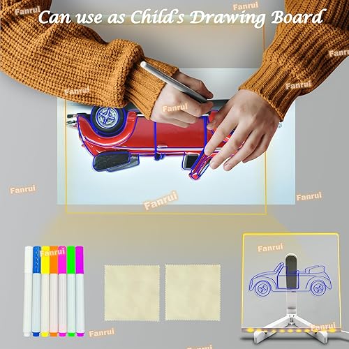 Miniatura 7 de Fanrui Pizarra acrílica de borrado en seco  8.26 x 8.26 pulgadas, caballete de escritorio transparente con bandeja de 7 marcadores en el escritorio,