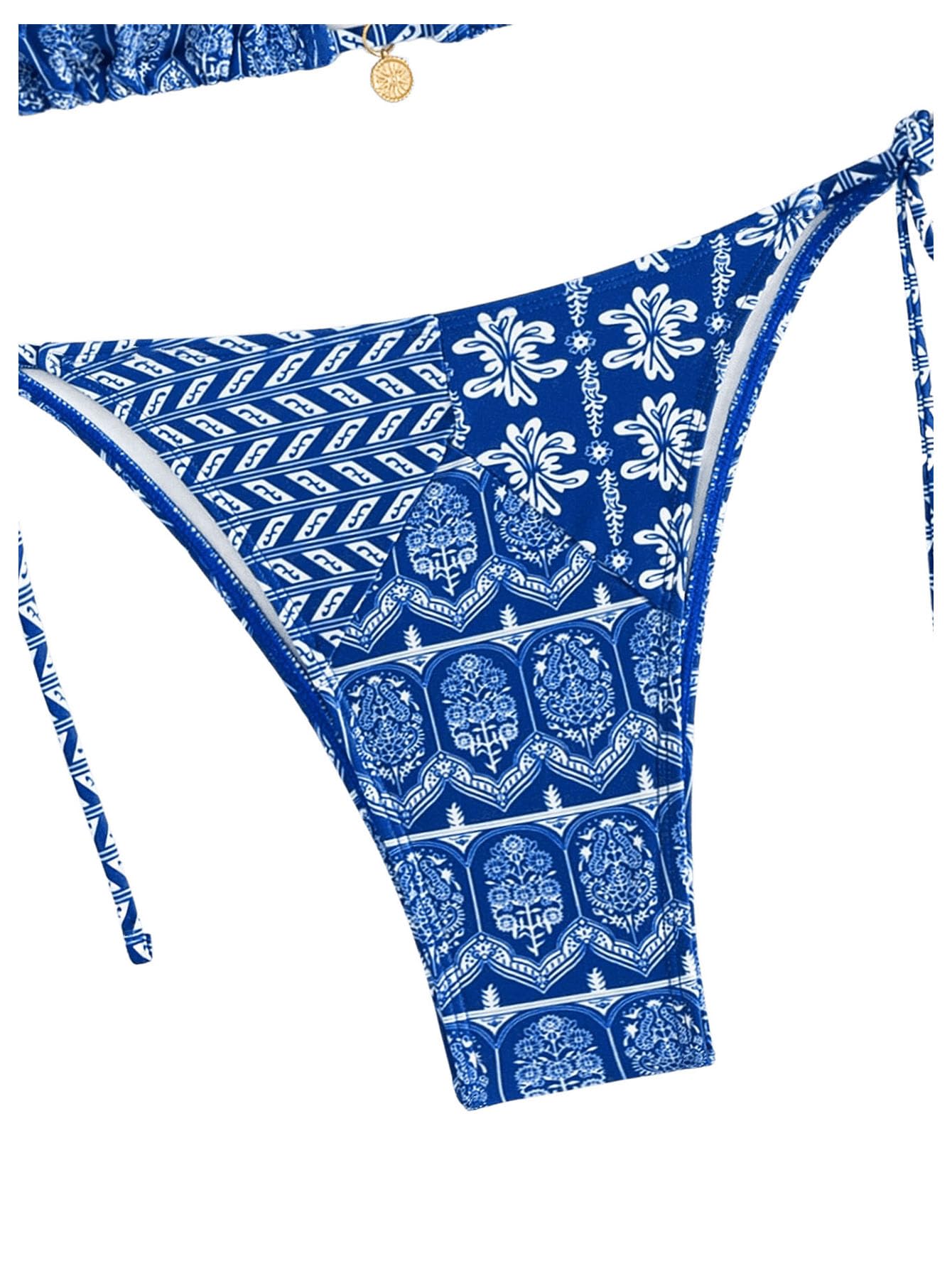 GORGLITTER Bikini triangle pour femme - Avec fleurs - Dos nu - Style bohème - Deux pièces - Maillot de bain